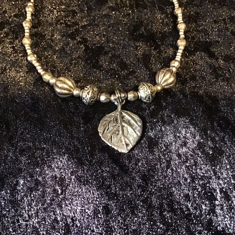 Silver Tone Beaded Leaf Charm Bracelet Adjustable Nature Fairy Boho Woodsy Fall - Picture 5 of 5